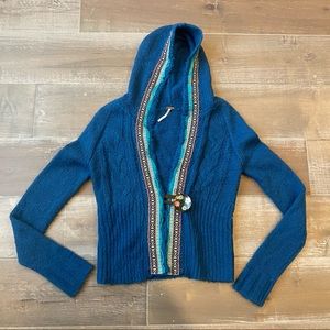 Free People Cardigan Button Sweater Aztec Tribal Floral Pattern Hooded Blue M